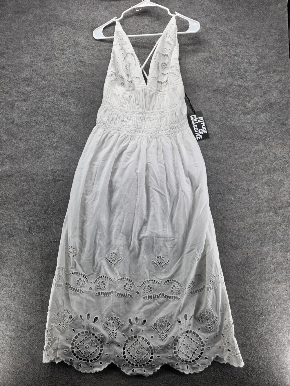Future Collective Dress Womens Small White Sundress Maxi Smocked Embroidered